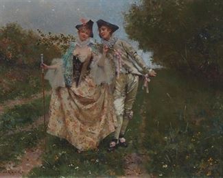 1084
Edouard Toudouze
1848-1907, French
Courting Couple In A Spring Landscape
Oil on canvas
Signed lower left: E. Toudouze
20" H x 29" W
Estimate: $2,000 - $3,000