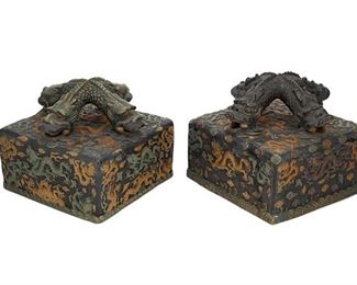 1096
A Pair Of Large Chinese-Style Terracotta Paperweights
Possibly First-Quarter 20th Century
The large, glazed terracotta paperweights in the form of Chinese printer's chops with dragon handles, 2 pieces
Each: 7.25" H x 8.25" W x 8.25" D
Estimate: $1,000 - $1,500