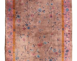 1097
A Chinese Area Rug
1920s
Wool on cotton foundation, with polychrome floral sprays surrounded by a double border
159" L x 120" W
Estimate: $1,200 - $1,800