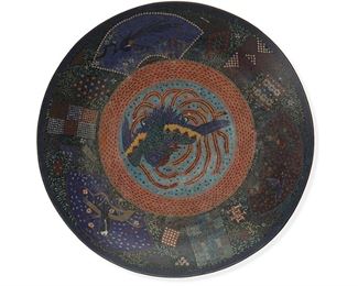 1100
A Chinese Cloisonné Charger Plate
First-Quarter 20th Century
The cloisonne enamel on bronze charger with polychrome avian motifs and geometric banding
3.125" H x 19.375" Dia.
Estimate: $600 - $800