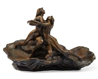 1106
Paul Eugène Breton
1868-1932, French
Art Nouveau Figural Centerpiece
Patinated bronze
Signed: P. Breton; Further marked: Alexis Rudier / Fondeur Paris
16" H x 25" W x 12.5" D
Estimate: $2,000 - $3,000