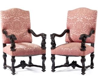 1108
A Pair Of Continental Carved Wood Armchairs
Late 19th/Early 20th Century
Each chair with pink silk damask upholstered back and stuffed seat on a carved wood frame with figural putti arm supports and raised on four scrolled legs joined by an H-stretcher, 2 pieces
Each: 45" H x 29" W x 30" D approximately
Estimate: $1,500 - $2,000