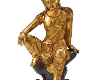 1111
A Chinese Gilt-Metal Guan Yin
20th Century
Signed in Chinese characters
The gilt-metal sculpture depicting a seated Guan Yin on clouds
31" H x 16.5" W x 9" D
Estimate: $600 - $800