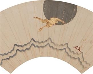 1116
A Japanese Painted Fan
Early Meiji Period (1868-1912)
Signed at right: Shibata Zeshin [in Japanese]
Thick rice paper fan decorated with ink, gouache and gold pigment, mounted to a raw silk-covered backing
Fan: 7" H x 19.75" W; Sight: 15" H x 23.25" W
Estimate: $600 - $800