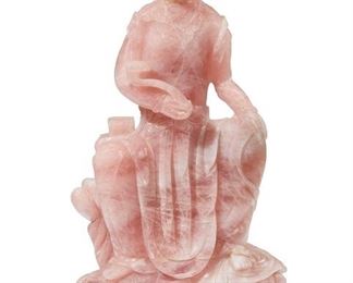 1118
A Carved Rose Quartz Guan Yin
20th Century
Raised on a carved wood base
22.5" H x 12" W x 7" D
Estimate: $1,000 - $2,000
