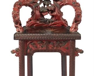 1119
A Chinese Carved Wood And Cinnabar Armchair
Late 19th/Early 20th Century
The cinnabar chair with openwork carved back with avian and foliate motifs atop a painted seat with floral sprays, over a carved apron depicting architectural landscape scenes, and raised on four straight legs
29" H x 21.5" W x 18" D
Estimate: $400 - $600