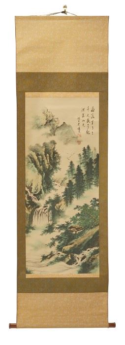 1121
A Chinese Hanging Scroll Depicting A Rocky Landscape
(20th Century, Chinese)
Chop marks in red at upper right
Black and color inks on paper-lined silk
Painting: 39.75" H x 16.75" W; Scroll: 71" H x 21" W
Estimate: $200 - $400