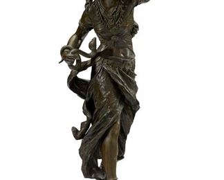 1126
A French Bronze Sculpture Of A Woman With Snakes
Fourth-Quarter 19th Century
Signed illegibly in cast
Depicting a dancing woman in traditional costume with cobras
36" H x 14" W x 15" D
Estimate: $5,000 - $7,000