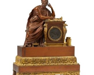 1128
A French Charles X Bronze Mantel Clock
19th Century
The mantel clock with a metal dial, black Roman numeral hour markers, and two train movement set in a patinated and gilt-bronze case with Classical motifs, surmounted by a seated figure of a philosopher and raised on scrolled feet
21" H x 17" W x 7" D
Estimate: $1,500 - $2,500