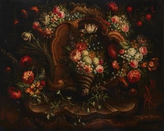 1132
Henri Detrixhe
1715-1775, French
Floral Still Life, 1745
Oil on canvas laid to canvas
Signed, dated, and inscribed lower left: H. Detrixhe / "fait par"
42" H x 51" W
Estimate: $2,500 - $3,500
