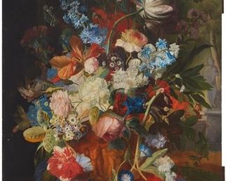 1133
19th Century Continental School
Floral still life, style of Jan Van Huysum
Oil on panel
Appears unsigned
31.5" H x 23.25 W
Estimate: $3,000 - $5,000