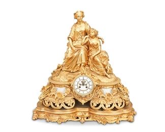 1156
A French Gilt-Bronze Figural Mantel Clock
Second-Half 19th Century
Movement signed: Vincenti et Cie / Medaille d'Argent / 1855 / 20
The clock with a white enameled dial with black Roman numeral hour markers, Brueget hands, and two train movement set in a bead trimmed bezel enclosed in a gilt-bronze case with inset white marble panels, scrolling foliage, floral festoons, wavescroll border, and openwork scalloped bottom surmounted by two Classical female figures with the attributes of a scroll and basket of flowers, raised overall on a floral motif base
26" H x 27" W x 11" D
Estimate: $5,000 - $7,000