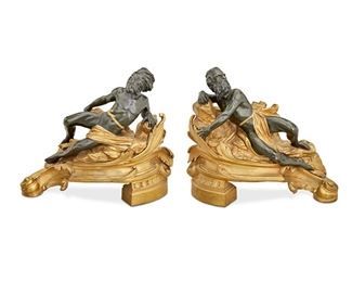 1158
A Pair Of Théodore Millet Bronze Figural Chenets
Late 19th/Early 20th Century
One signed: Millet a Paris
Each gilt-bronze chenet with a patinated bronze recumbent figure atop a rocky ground framed by scrolling foliage, 2 pieces
Each: 13.75" H x 17" W x 5" D
Estimate: $2,500 - $3,500