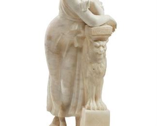 1161
An Italian Carved Alabaster Sculpture
19th Century
Unsigned
Depicting a standing Classical-style woman leaning on a winged lion pedestal
33" H x 10" W x 11" D
Estimate: $600 - $800