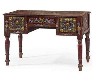 1165
An English-Style Chinoiserie Writing Desk
20th Century
The kneehole writing desk with rectangular top over two square drawers centering a single long drawer with metal hardware raised on four turned legs, painted red with all-over figural and floral Chinoiserie motifs
30.75" H x 47.25" W x 23" D
Estimate: $600 - $800