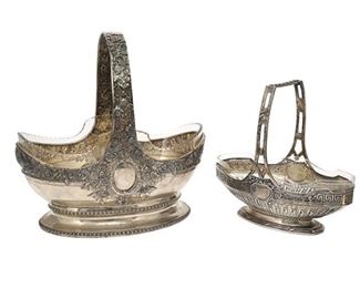 1176
Two Silver And Glass Basket Centerpieces
Late 19th/Early 20th Century
One marked: 880/1000
Comprising two silver handled baskets with foliate and floral repousse motifs and glass insert, 2 pieces
Larger: 12" H x 12" W x 8.5" D; Smaller: 9" H x 9.5" W x 5" D
39.64 oz. troy approximately
Estimate: $1,200 - $1,800