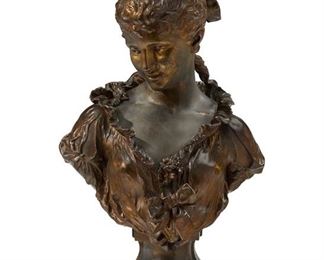 1178
Hippolyte François Moreau
1832-1927, French
Bust Of A Woman With Ribbons
Patinated bronze
Signed: Hip Moreau
26" H x 15" W x 10.5" D
Estimate: $1,200 - $1,800