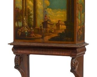 1180
A Continental Polychrome Painted Cabinet On Stand
First-Quarter 20th Century
The two-door cabinet painted with Classical figural landscape scenes concealing two interior shelves over a carved wood stand with a long frieze drawer atop ogee scrolled slab sides with foliate motifs joined by a stretcher
73.5" H x 42.5" W x 18.5" D
Estimate: $1,500 - $2,000