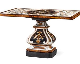 1181
A Pietra Dura Marble Table
20th Century
The rectangular top with various specimen marbles inlaid in a polychrome scrolling floral design with bees, raised on a conformingly designed pedestal base
31.25" H x 535" W x 34.25" D
Estimate: $3,000 - $5,000