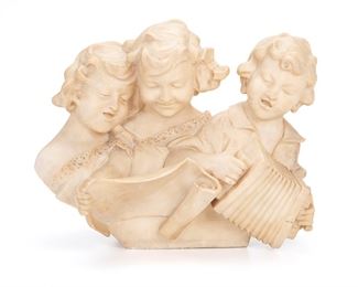 1189
An Italian Carved Marble Figural Group Bust
Late 19th/First-Quarter 20th Century
Signed: G. Biagiotti
Depicting three children's busts with one playing the accordion and two reading sheet music
15" H x 18.5" W x 11" D
Estimate: $800 - $1,200