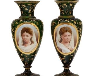 1209
A Pair Of Green Bohemian Glass Portrait Vases
Late 19th/Early 20th Century
Each forest green glass vase centering a hand-painted portrait panel further adorned with gilt highlights, 2 pieces
Each: 11" H x 4.75" Dia.
Estimate: $700 - $1,000