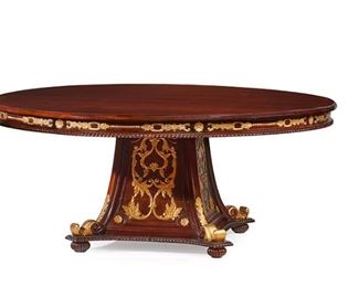 1214
A Large French Empire-Style Table
20th Century
The large round top with parcel-gilt floral apron raised on a flared, parcel-gilt pedestal base with scrolled foliate panels
32.25" H x 73" Dia.
Estimate: $2,000 - $3,000