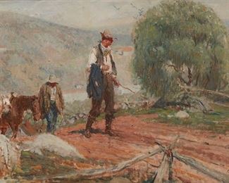1216
Arthur Davenport Fuller
1899-1966, American
"Prospectors"
Oil on canvas
Signed lower right: Arthur Fuller [and with an indistinct date or artist's device]
24" H x 36.5" W
Estimate: $2,000 - $3,000