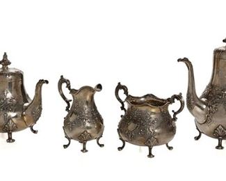 1224
An English Sterling Silver Tea And Coffee Service
Circa 1860-1868
Each with English hallmarks for London and various maker's marks "RH" and "DH CH"
Each with ornate repousse floral motifs and strapwork raised on acanthus feet, comprising a coffee pot (10.75" H), a teapot (8.25" H), a sugar bowl (5.75" H), and a creamer (6.25" H), 4 pieces
85.76 oz. troy approximately
Estimate: $2,500 - $3,500