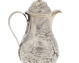 1226
An English Sterling Silver Chocolate Pot
Circa 1773
Marked with English hallmarks for London
The footed chocolate pot with a repousse architectural landscape scene
8.25" H x 5.5" W x 4" D
12.840 oz. troy approximately
Estimate: $800 - $1,200