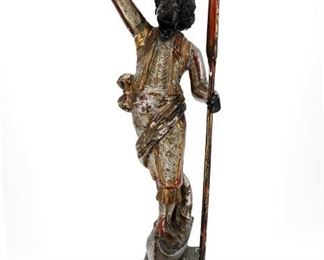 1229
An Italian Carved And Polychromed Giltwood Figure
Second-Half 19th Century
Depicting a male gondolier holding oar wearing traditional costume raised on a square, footed base
23" H x 6.5" W x 7.5" D
Estimate: $1,000 - $2,000