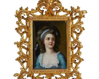 1230
A Framed Porcelain Portrait Plaque
Late 19th/Early 20th Century
Apparently unsigned
After "Countess Sophie Potocka" by Elizabeth Louise Vigee-LeBrun (1755-1842 French) enclosed in a giltwood frame
Sight: 4.75" H x 6.75" W
Estimate: $700 - $1,000
