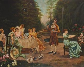 1235
Early 20th Century Continental School
Garden Party
Oil on canvas <br /> <br />
Appears initialed and indistinctly inscribed lower right: M. T. A.
88" H x 114.5" W
Estimate: $8,000 - $12,000