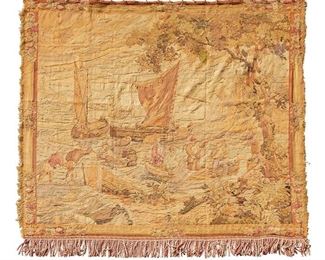 1239
A French Handwoven Tapestry
19th Century
The wool tapestry woven with polychrome scene of fisherman in harbor with sail boats, modern fringe
88.5" H x 94.5" W
Estimate: $1,500 - $2,000