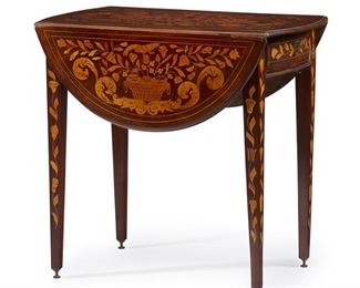 1265
A Dutch Marquetry Drop Leaf Table
19th Century
The table with a rectangular, drop-leaf top with marquetry depicting floral sprays, scrolling foliage, birds, and vases atop a conformingly designed apron with a frieze drawer and raised on four tapered straight legs
28.25" H x 18.75" W x 30" D; Extended: 39" W
Estimate: $600 - $800