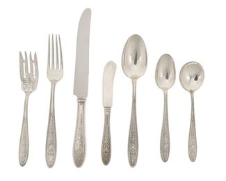 1269
An International "Wedgwood" Sterling Silver Flatware Service
20th Century
Each marked for International Sterling
Designed 1924, comprising 11 hollow-handled New French place knives (9.125"), 8 butter spreaders (5.75"), 23 place forks (7.25"), 12 salad forks (6.125"), 12 oval soup spoons (7.25"), 12 round soup spoons (5.5"), and 7 teaspoons (5.875"), 85 pieces
Weighable sterling: 89.695 oz. troy approximately
Estimate: $1,200 - $1,800