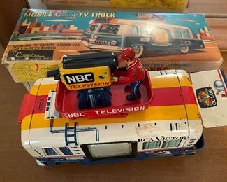 Tin Litho NBC Television Truck with Box (Toy Needs Work)