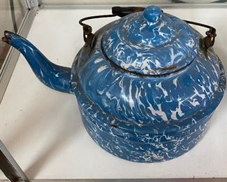 Old Blue and White Swirl Enamelware Kettle