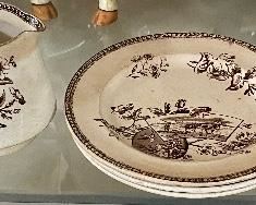 Early "Season" Transferware Bowl, Cream Pitcher, Cup and Plates (Staffordshire)