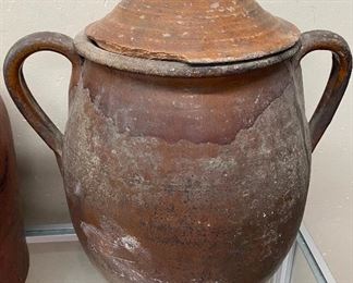 Large Early Redware Pottery Jar with Lid