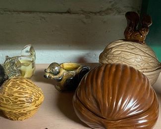 Squirrel and Ceramic Walnut Nut Bowl Containers