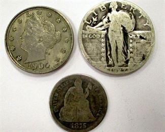 THREE U.S. COINS:

1927 STANDING LIBERTY QUARTER
1875 SEATED LIBERTY DIME
1905 V NICKEL