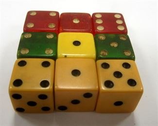 NINE VINTAGE DICE INCLUDING SET OF THREE OPAQUE BAKELITE