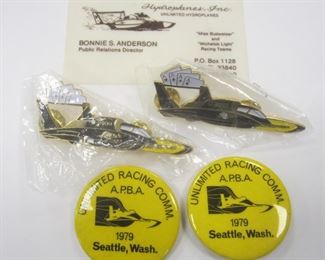 TWO PAIRS HYDROPLANE PINS
UNLIMITED RACING COMM 1979 SEATTLE
TWO FREDDIE'S CLUB U-2000