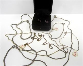 STERLING SILVER CHAIN NECKLACES AND BRACELETS, A PAIR OF AMETHYST EARRINGS. 20.0 GRAMS