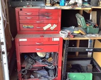 Rolling Garage Tool Chest, Power Tools & More
Red Rolling Garage Tool chest with contents. Including an Impact wrench, scroller saw, power shear, hammer drill, and more. Several other boxes/containers of misc screwdrivers, wrenches, drill bits and more. Many tools are loose. Power tools in unknown working condition.