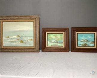 Melton Seashore Paintings
Three (3) seashore paintings by C. Melton in wooden frames. Largest H23" x W27" with scuff marks on frame, two (2) smaller H16" x W16. Good condition