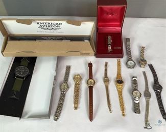 Watches & More Watches
Twelve (12) watches. Mostly women's watches. Several Seiko, one (1) Disney, one (1) men's American Aviator (appears new in box). Unknown working condition.