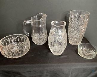 Assorted Cut Glass
Five (5) pieces cut glass, possibly crystal. "Arcaroc Franc" small bowl; two (2) vases [one (1) tulip shaped vase has small chip on lip - see photos]; one (1) pitcher; two (2) bowls. No other visible damage seen.