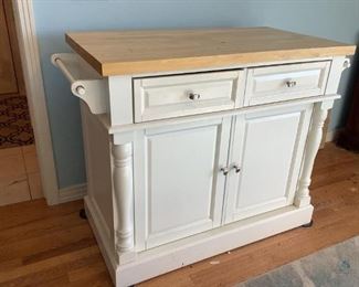 Kitchen Island
Kitchen Island with Butcher block top by Crowley. Two drawers and cabinet. Top and sides shows minimal wear. 36"Hx 49"Wx 23"D
