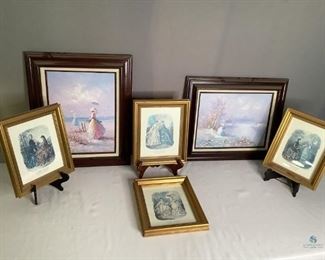 La Mode Illustree Prints with Seascape Paintings
Four (4) La Mose Illustree framed prints, all different themes, 12.5"x10.5". Two framed paintings on canvas, one signed by Miller. Both are of Victorian era woman in pastels. 22"x18" and 18"x22". Dusty from storage, some frames have scratches.